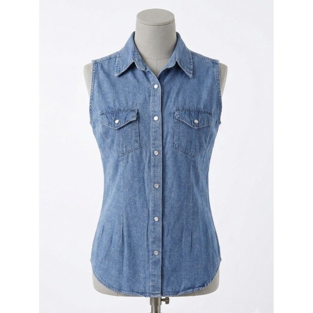 Vintage 90s Denim Republic Women's Sleeveless Snap Up Denim Shirt Vest Cotton